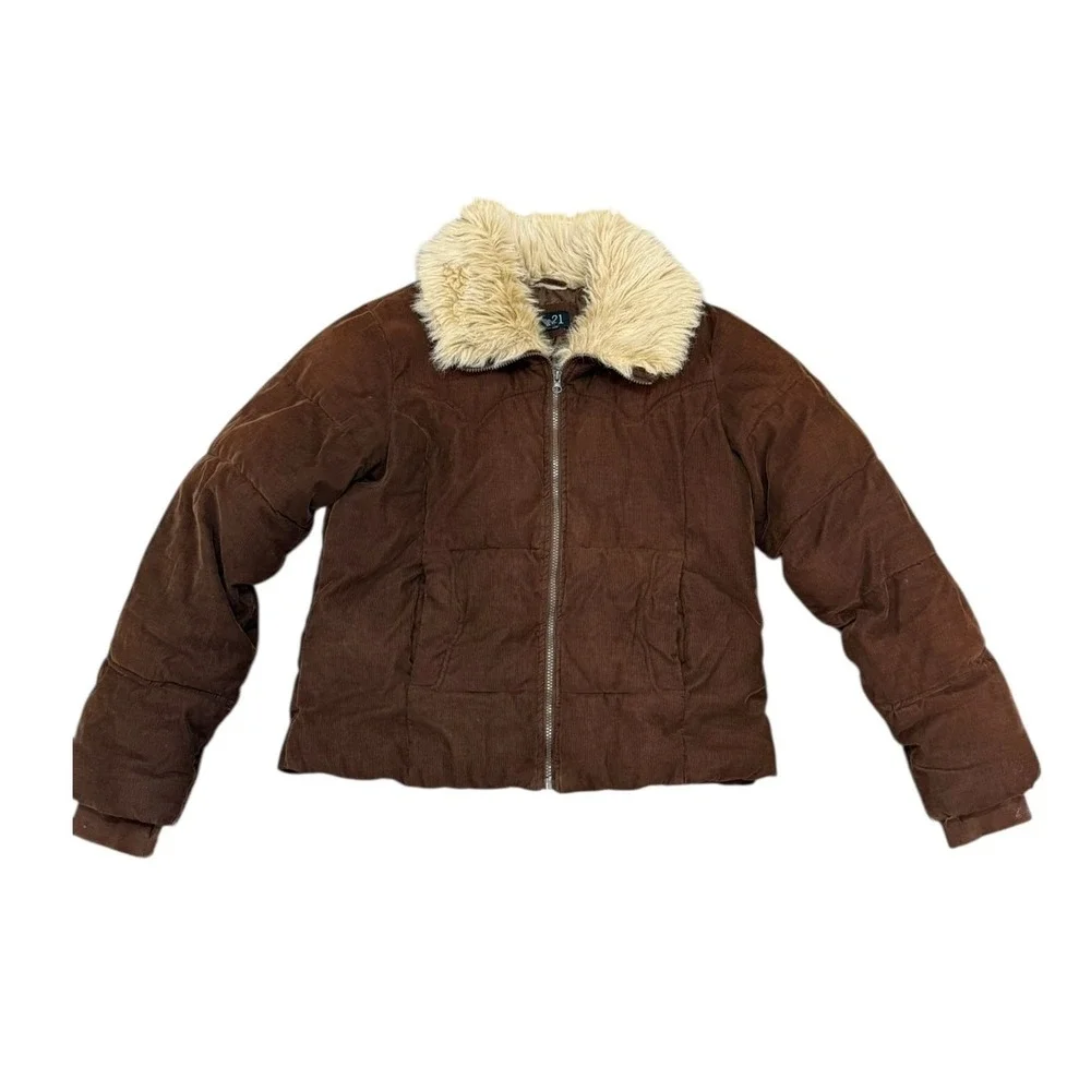 Vintage Y2K Corduroy Puffer Jacket Faux Fur Coat Women XL Chocolate Brown Sherpa